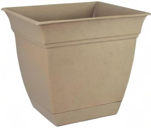 The HC Companies Eclipse Square Plastic Planter w/Attached Saucer - Outdoor & Indoor Plant Pot with Drainage Holes - Lightweight, UV-Resistant Plastic Pots for Plants (8" Sandstone, Pack of 1) TheHCCompanies