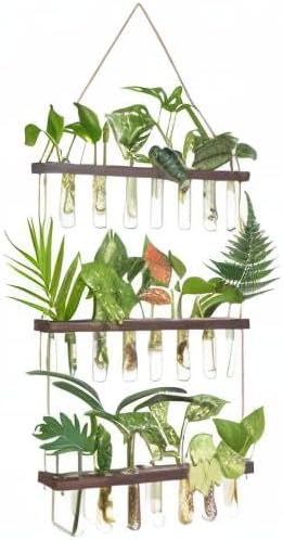 Mkono Plant Propagation Tubes, 3 Tiered Wall Hanging Terrarium with Wooden Stand & 21 Test Tube Vases for Hydroponic Plant Cutting & Home/Office Decor Mkono