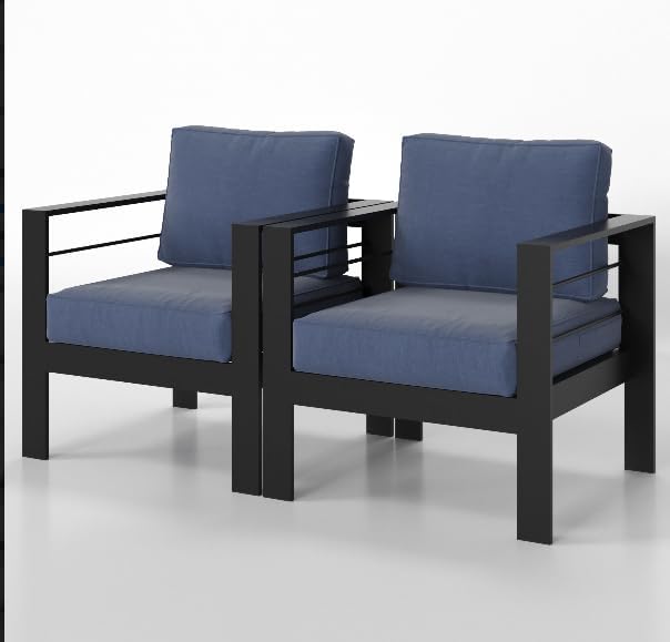 Solaste Patio Furniture Metal Armchair, 2 PCS All-Weather Aluminum Garden Outdoor Contemporary Sofa Chair with Cushions, Blue Solaste
