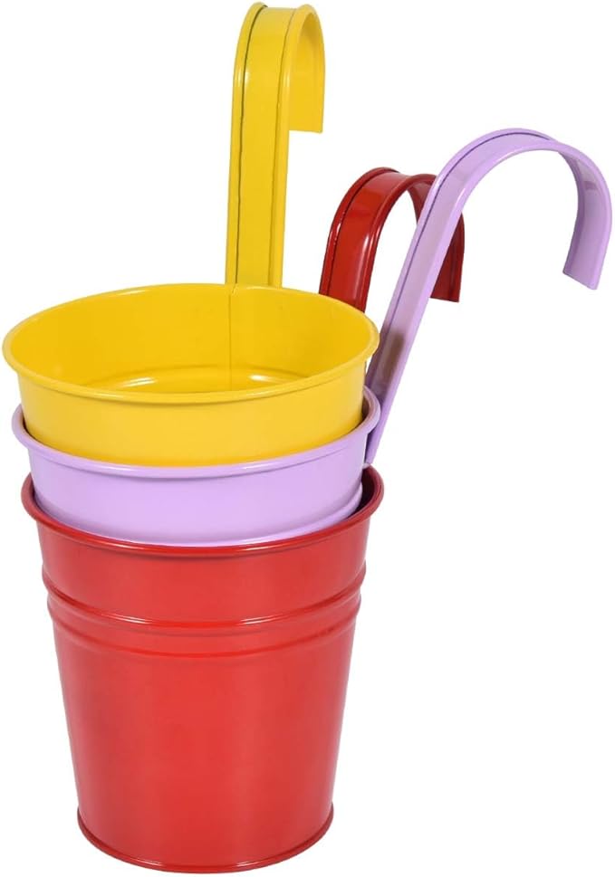 OBTANIM 12 Pack Metal Hanging Flower Pots Railing Planter Outdoor Fence Hanging Bucket Plant Holder with Detachable Hooks Drain Holes for Home Garden Yard Decor (Yellow Purple Red, 4 x 4 Inch) OBTANIM