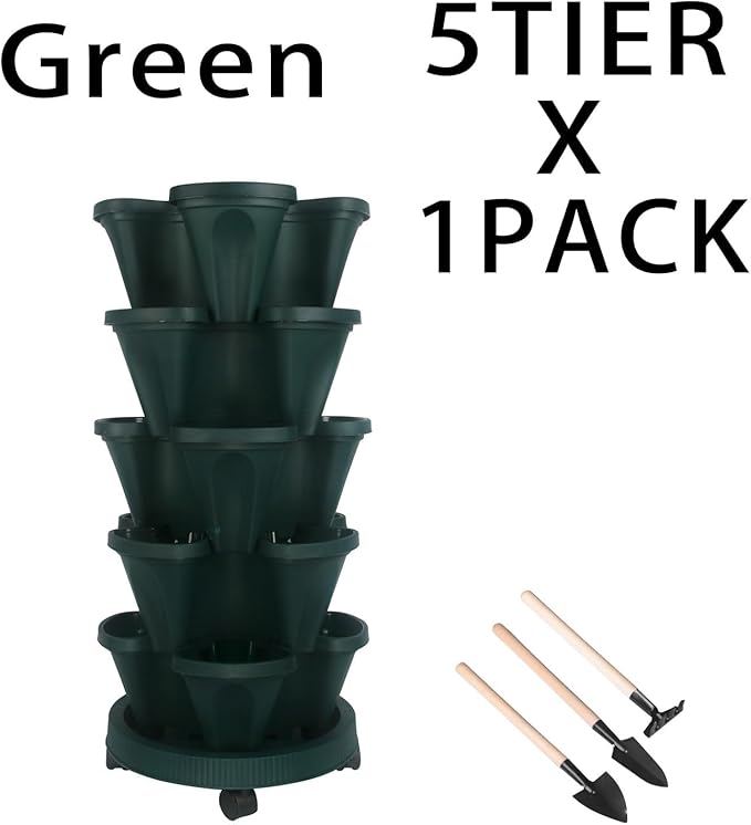 GameXcel Vertical Planter 5 Tier Stackable Planters Garden Planters Strawberry Herb Flower and Vegetable Planter Indoor Outdoor Gardening Pots with Removable Wheels and Tools - Green GameXcel
