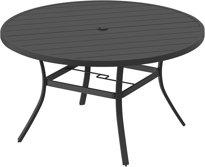 MELLCOM 53'' Round Outdoor Dining Table for 6, Metal Patio Dining Table with Umbrella Hole, All-Weather Black Table for Porch, Garden, Backyard, Poolside, Lawn MELLCOM