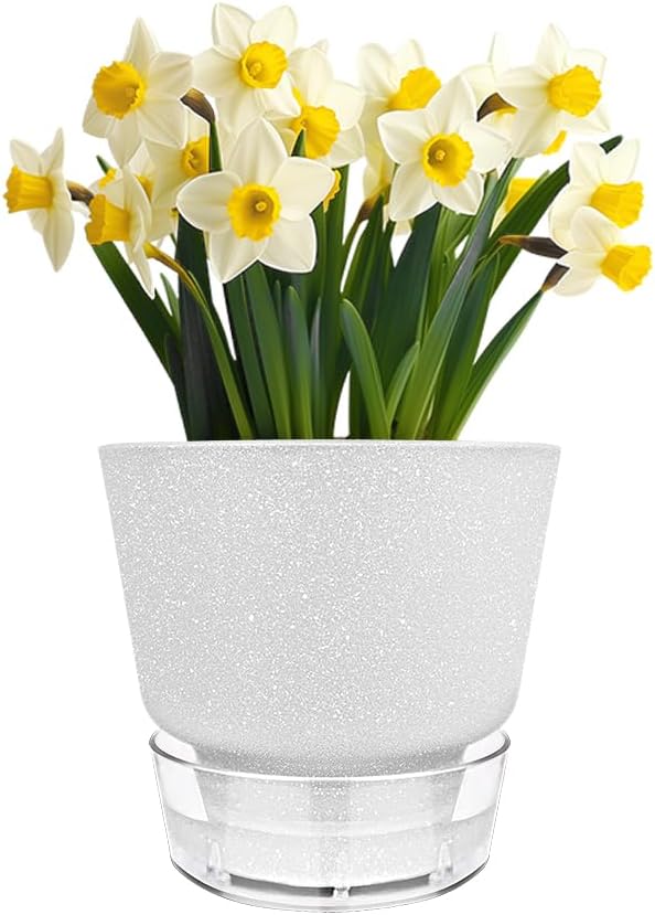 2024 Upgraded 5 Pack 6-Inch Self-Watering Planter Pots with Deep Reservoir for Indoor and Outdoor Plants with Planting Tools (Frosted White) HYNZ