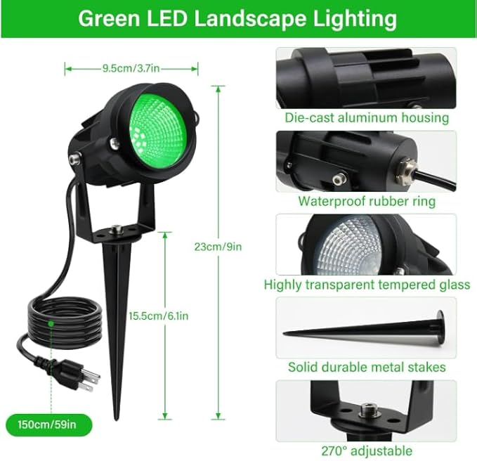 Halloween Christmas Outdoor Spotlights Green Landscape Lights Outdoor Spotlight,2 Pack 110v Plug-in Outdoor Waterproof Green Halloween Christmas Spotlights for Garden Pathway Tree Yard UPONELED