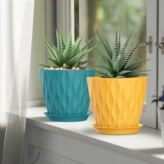 7 Inch Plant Pots 5 Pack, Flower Planters with Drainage Holes and Trays,Plastic Pots for Indoor Outdoor Plants,Multicolor SQKH