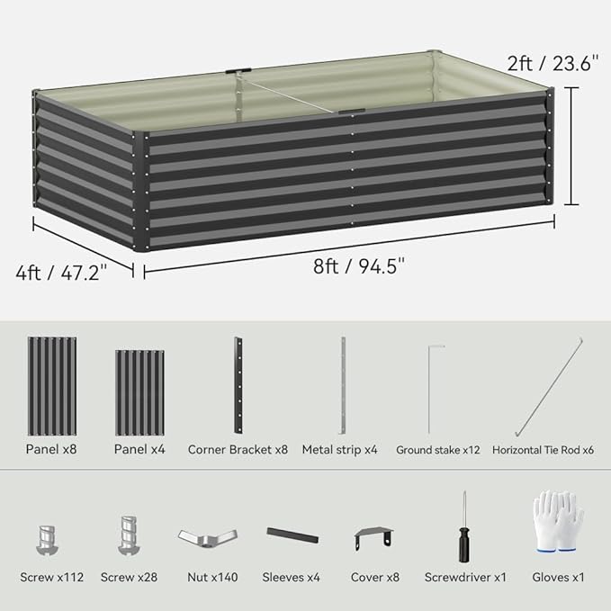COMHOMA Galvanized Raised Garden Bed,Large Metal Planter Box for Outdoor Vegetables,Corrugated Steel Herbed Plants Container,Extra Deep Gardeners Kits with Open Bottom (2, 8x4x2FT) ComHoma