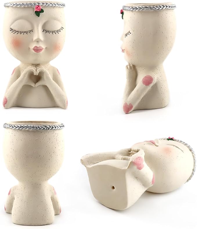 Face Planter Pot with Heart Hands, Resin Head Planter for Indoor Plants, Cute Succulent Pots with Drainage Hole, Gardening Gifts for Women Mom Teacher, 7.3" Home Decor (White) MeltsetM