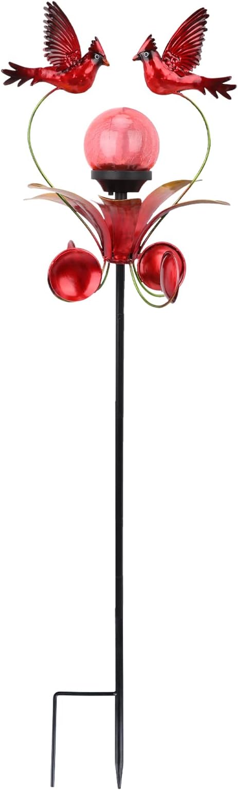 VCUTEKA Cardinal Solar Lights Outdoor Metal Garden Stake Waterproof Crackle Glass Globe Garden Decor Cardinal for Pathway, Lawn, Patio, Yard VCUTEKA