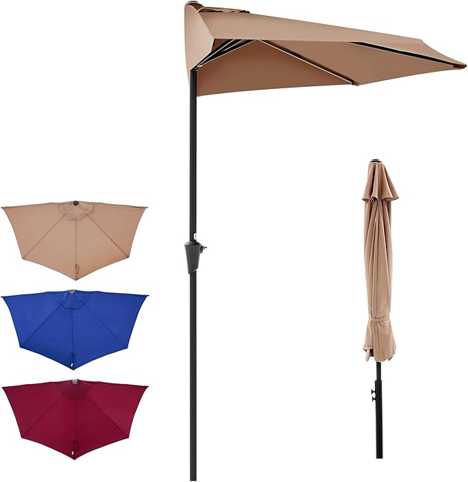 OLIXIS Half 9Ft Umbrella Outdoor Patio, Scalloped Patio Umbrella with Easy Crank, Sun Half Patio Umbrella for Balcony, Market, Garden, Khaki OLIXIS