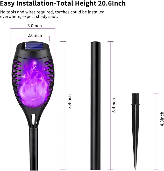 8Pack Halloween Decorations Outdoor, Halloween Solar Lights with Purple Flame for Yard Decor, Waterproof Solar Garden Lights for Outside Decor, LED Flame Torches for Pathway Yard Decorations Outdoor Kurifier