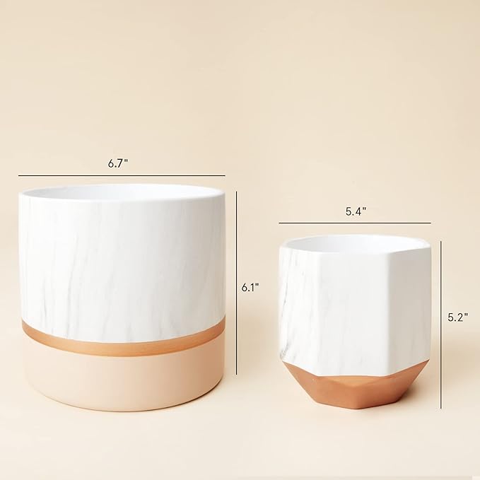 LA JOLIE MUSE White Ceramic Flower Pots - 6.7 + 5.4 Inch Indoor Planters, Plant Containers in a Marble Ink Pattern with Rose Gold and Pink Detailing LaJol%C3%ADeMuse