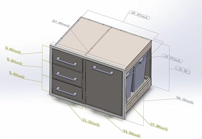 Outdoor Kitchen Drawer Combo, BBQ Access Trash Drawer Combo with Triple Stainless Steel Drawers(Left), Outdoor Kitchen for BBQ Island, Grilling Station, Outside Cabinet (28" W x 19.6“D x 20.1" H) Globamboo