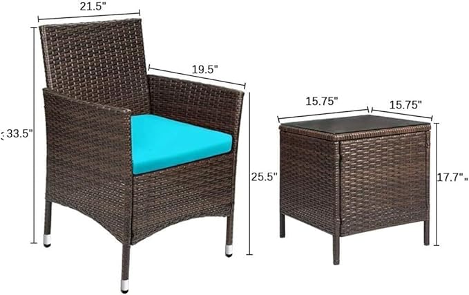 Devoko Patio Porch Furniture Sets 3 Pieces PE Rattan Wicker Chairs with Table Outdoor Garden Furniture Sets (Brown/Blue) DEVOKO
