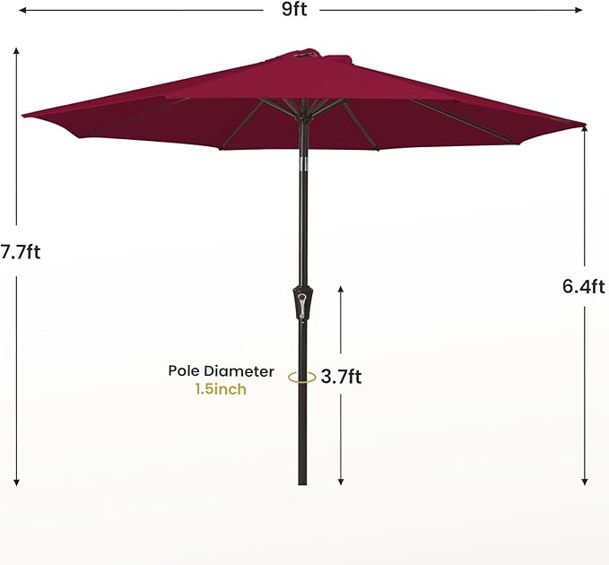 MEWAY 9ft Patio Umbrella Outdoor Table Umbrellas with Push Button Tilt and Crank, Market Umbrella 8 Sturdy Ribs for Deck, Garden, Pool and Backyard, Dark Red MEWAY
