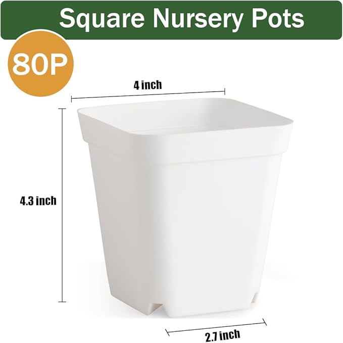 80 Pcs Nursery Pots 4 Inch, Plastic Seed Starting Pot with Drainage Holes, Small Sturdy Seedling pots for Planting, Succulents, Transplanting, Cuttings (White) BTPLASTIK