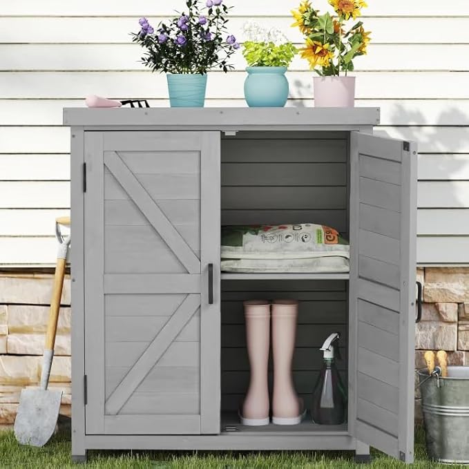 Outdoor Storage Cabinet & Potting Bench Table with Metal Top, Wooden Patio Furniture, Garden Workstation (Classic Grey, 36x31x17in) OutdoorFurniture