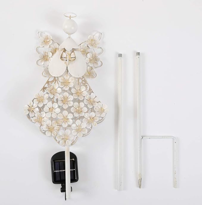 Solar White Angel Garden Stake Lights - Metal Hydrangea Memorial Gift With 27 LEDs - Perfect for Remembrance and Sympathy (7.7" W x 40.5" H) WSgift