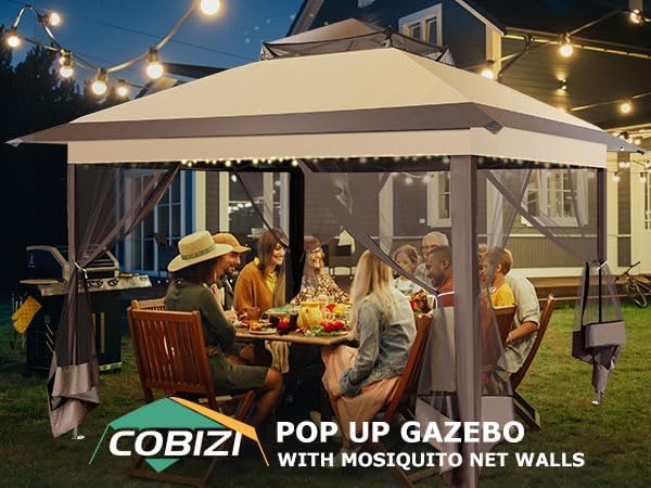 COBIZI 11x11 FT Pop up Gazebo Canopy Tent - Outdoor pop up gazebos on Clearance,carpas para Patio,Shelter - Screen Tents with Portable Carry Bag,Patio Gazebos for Camping,Garden,Deck,Backyard,Brown COBIZI