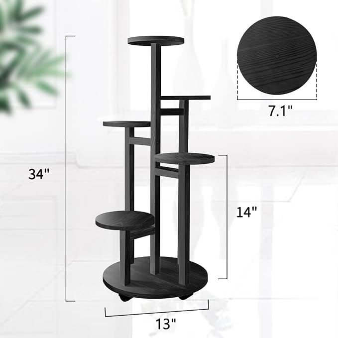 GEEBOBO 5 Tiered Tall Plant Stand for Indoor, Wood Plant Shelf Corner Display Rack, Multi-tier Planter Pot Holder Flower Stand for Living Room Balcony Garden Patio (Black) GEEBOBO