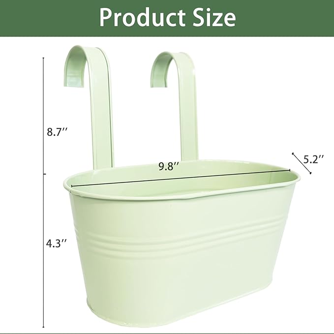 Balcony Hanging Planters Flower Pots, 10" Metal Flower Pots for Outdoor Balcony Rails, Fence Pot Hanging Plant Holders with Detachable Hooks for Garden Patio Yard Decor (Mint Green, 6Pcs) JOYFERNAL