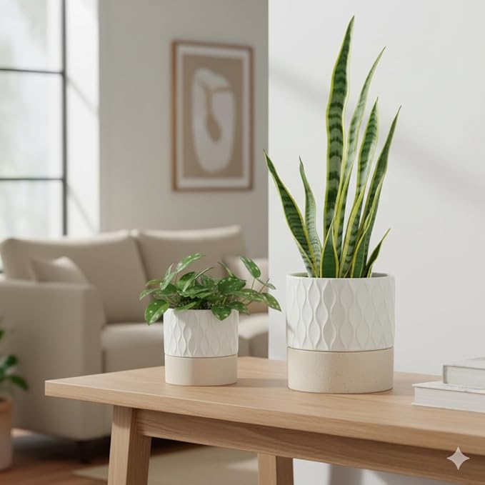 Nihow Self Watering Plant Pot for Indoor Plants: 6 Inch Ceramic Planter with Drainage Hole & Water Storage Plus - Cylinder Flower Pot with Wick for Herbs - Cream White & Brown Net Nihow