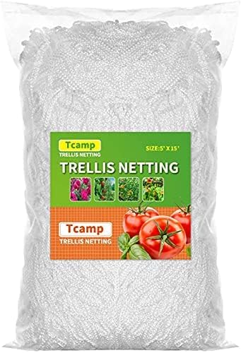 Tcamp Heavy-Duty Polyester Garden Trellis Netting Plant Climbing Net for Growing Vines Plants Vegetables Fruits Flowers, White Grow Tent (5Ft x15Ft, 3.5" Opening Mesh, 1 Pack) Tcamp