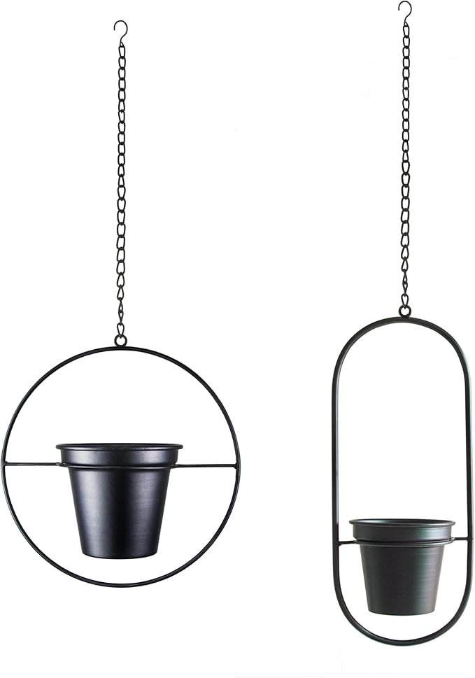 Metal Hanging Planters, Modern Plant Hanger with 5 inch Flower Pot, Set of 2 Black Plant Holder in Oval and Round Shape, Small Wall and Ceiling Planter for Indoor Plants, Home Décor HemePaha