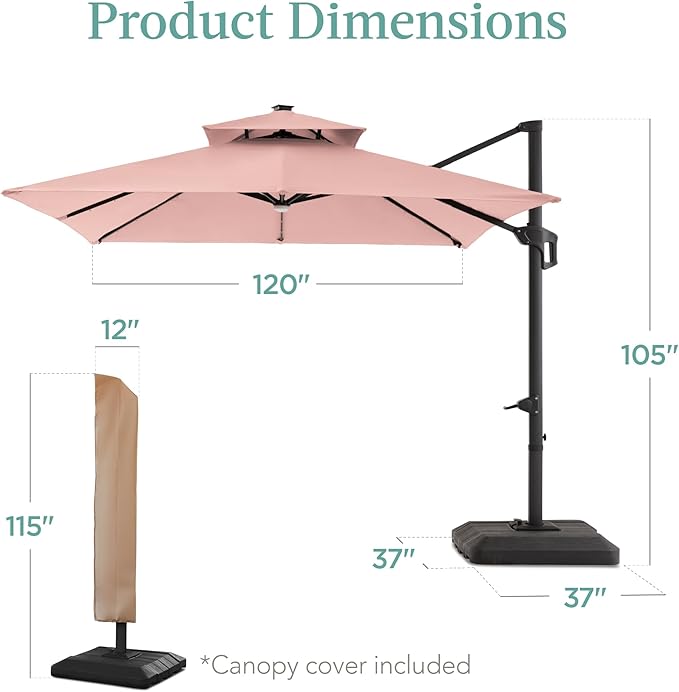 Best Choice Products 10x10ft Cantilever Patio Umbrella w/Base Included, Solar LED Lights 360 Rotation Large Offset Hanging Outdoor Shade for Deck Pool Backyard w/Stand – Rose Quartz BestChoiceProducts