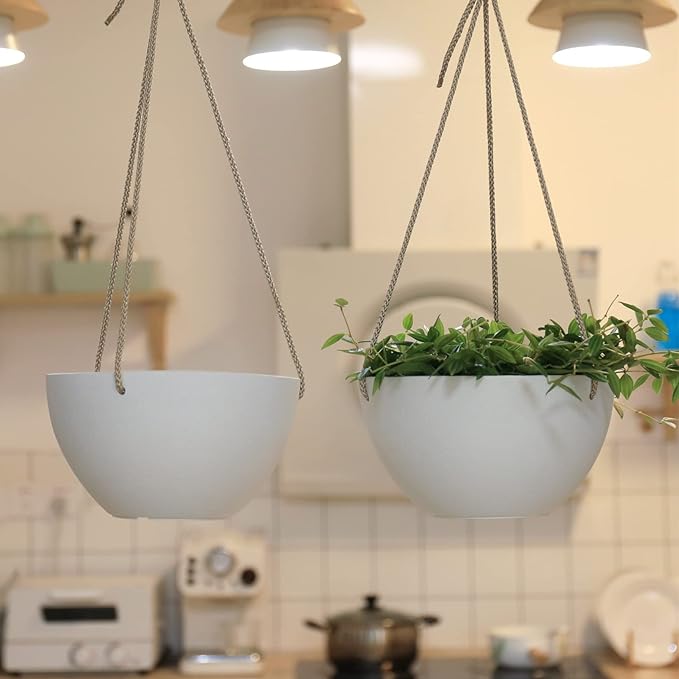La Jolie Muse White Hanging Planter Basket - 8 Inch Indoor Outdoor Flower Pots, Plant Containers W/ Drainage Hole, Plant Pot for Hanging Plants, Pack 2 LaJol%C3%ADeMuse