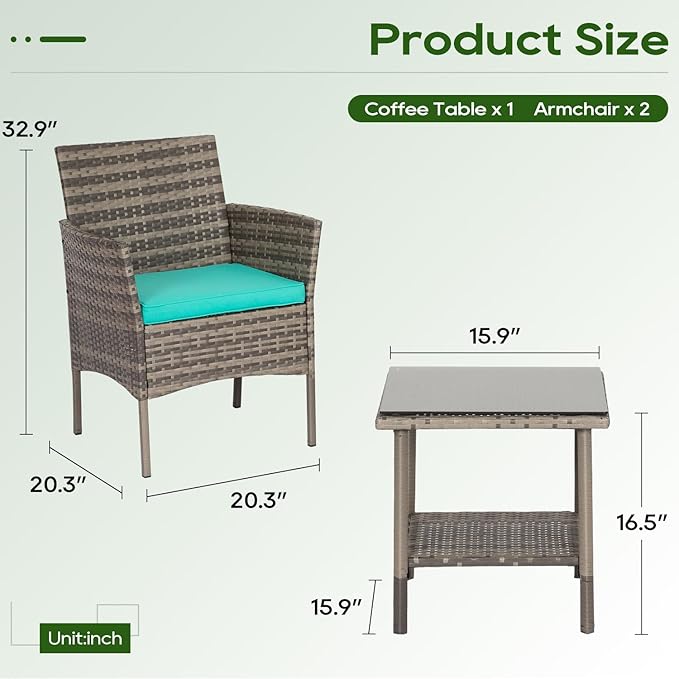 FDW | 3-Piece Patio Furniture Set | Gray & Blue | Outdoor Wicker Furniture with Coffee Table | Modern Rattan Chairs Conversation Set | Outdoor Seating | Weather-Resistant | for Porch, Garden, Lawn FDW