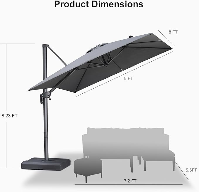 PURPLE LEAF 8 FT Cantilever Patio Umbrella with Base Outdoor Aluminum Offset Square Umbrella with 3 Years Fade Resistance Recycled Fabric and 360-degree Rotation for Deck Pool Garden, Mist Grey Rootora