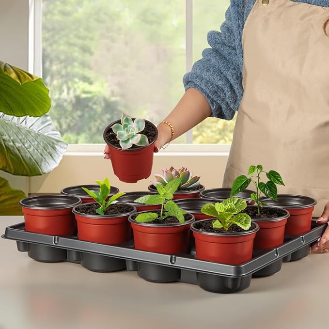 4 inch Round Nursery Pots 60pcs, 12 Cell Nursery Pots Trays 5 Pcs, Sturdy Seeds Starting Germination Shuttle Carrying Trays, Small Planter Nursery Propagation 5 Sets RooTrimmer