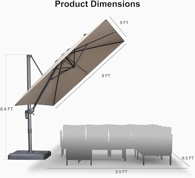 PURPLE LEAF Patio Umbrella 9' X 9' Rectangle Cantilever Umbrella Large Aluminum Outdoor Umbrellas with 360-degree Rotation & UPF40+ Premium Fabric for Deck Pool Garden Yard, Ash Mocha Rootora