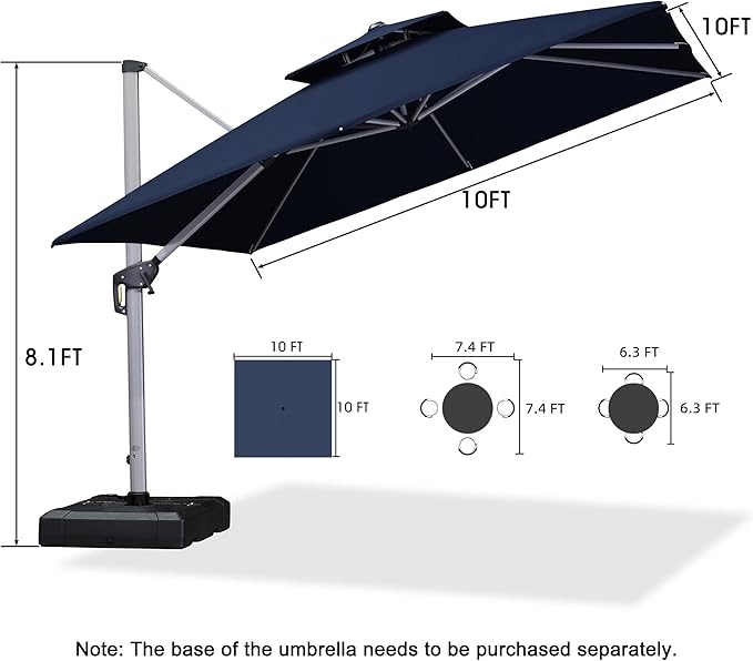 PURPLE LEAF 10ft Patio Umbrella Outdoor Square Umbrella Large Cantilever Umbrella Windproof Offset Heavy Duty Sun for Garden Deck Pool Patio, Navy Blue PURPLELEAF