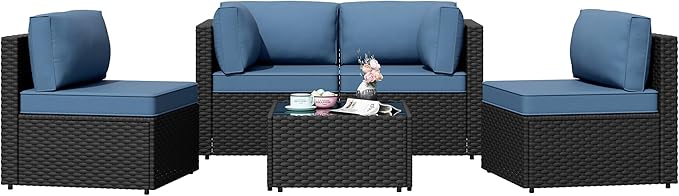 Shintenchi 5 Pieces Outdoor Patio Sectional Sofa Couch, PE Wicker Furniture Sets, Patio Conversation Sets with Washable Cushions Glass Coffee Table for Garden, Poolside, Backyard, Aegean Blue Shintenchi