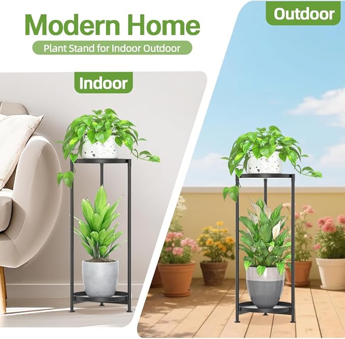 iDavosic.ly 2 Tier Corner Plant Stand Indoor, Tall Vertical Metal Flower Heavy Duty Pot Holder Shelf Outdoor for Patio Porch Living Room, Modern Black - Round iDavosicly