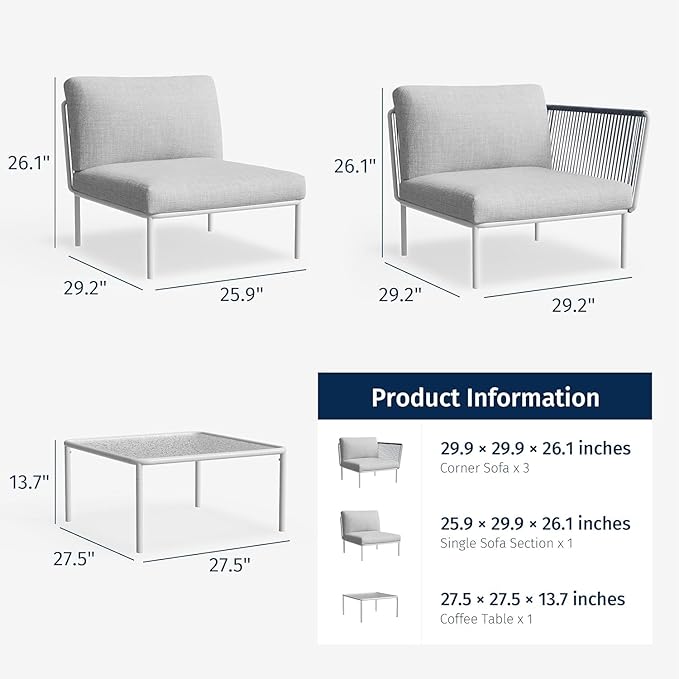 East Oak 5-Piece Outdoor Sectional Sofa, Modular Outdoor Furniture with Waterproof Thick Cushions, Modern Patio Sofa Deep Seating for Outdoor Garden Porch Blackyard, Misty Grey EASTOAK