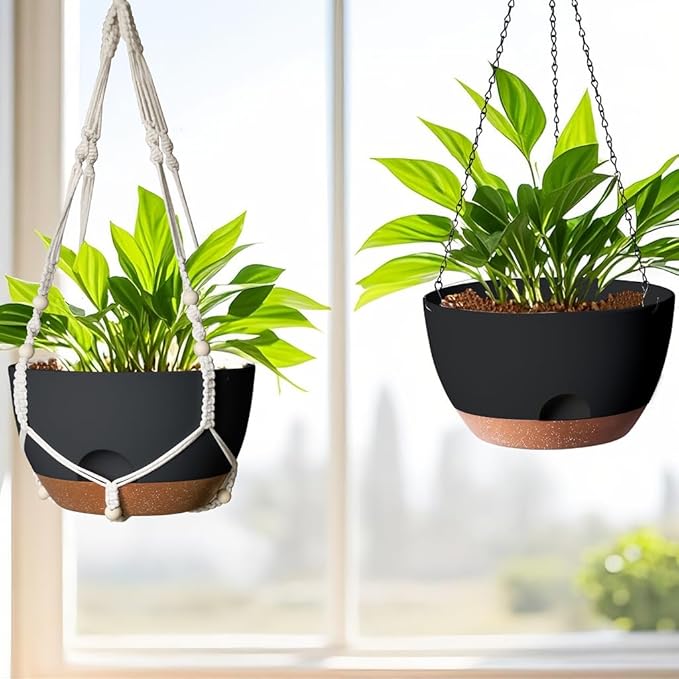 12 Inch Hanging Baskets for Plants Outdoor, Hanging Planters for Indoor Outdoor Plants, Hanging Planter with Self Watering, Hanging Flower Pots (Black Planter with Macrame + Iron Hangers) LesOasis