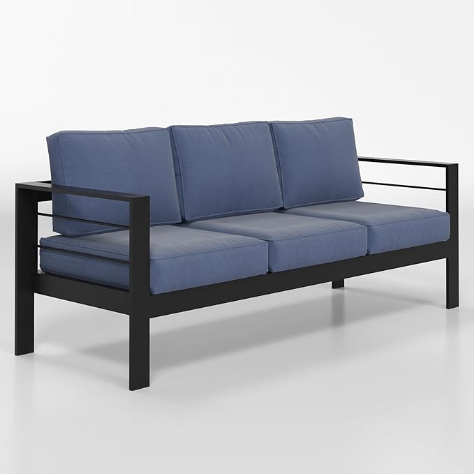 Solaste Aluminum Outdoor Couch, 3-Seat Metal Outdoor Sofa with Water-Resistant Cushion, Weather-Resistant Modern Patio Sofa, Black Frame Blue Cushion Solaste