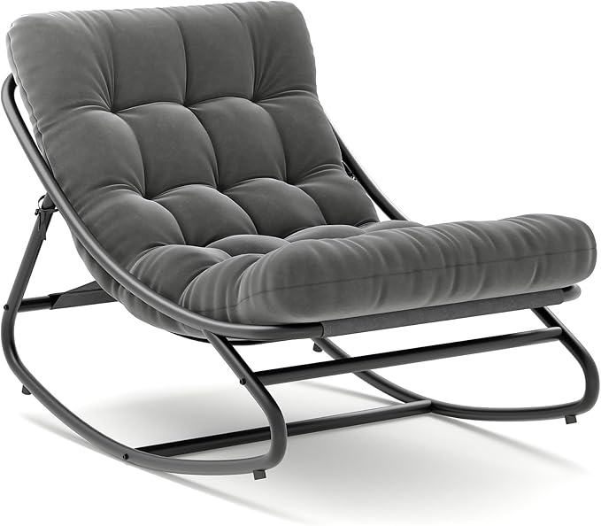 IDEALHOUSE Outdoor Rocking Chair with Metal Frame, Adjustable Papasan Rocker, Waterproof Comfy Cushion, 450lbs Capacity, for Patio, Porch, Garden, Living Room, Dark Grey IDEALHOUSE