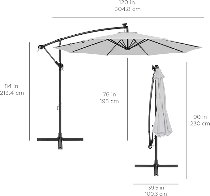 Best Choice Products 10ft Solar LED Offset Cantilever Hanging Market Patio Umbrella, 8 Sturdy Ribs, Easy Adjustment - Fog Gray BestChoiceProducts