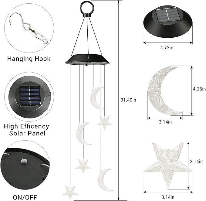 Toodour Solar Wind Chimes, Color Changing Wind Chimes Moon and Star, LED Decorative Mobile, Gift for Mom Grandma, Waterproof Outdoor Moon Star Light for Garden, Patio, Yard, Window Outdoor Decor Toodour