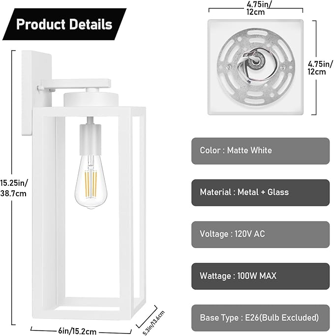 Large Size Outdoor Wall Light Fixtures, Exterior Lighting Fixtures Porch Sconces Wall Mounted, Waterproof White Outdoor Wall Lanterns Lamps, Outside Lights for House Patio Front Door Entryway, 2-Pack BringYouBrightFuture