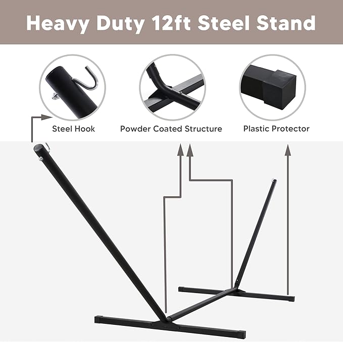 SUNCREAT Hammocks for Outside with Stand Included, Double Hammock with Curved Spreader Bar, Carrying Bag, Gray Stripes SUNCREAT