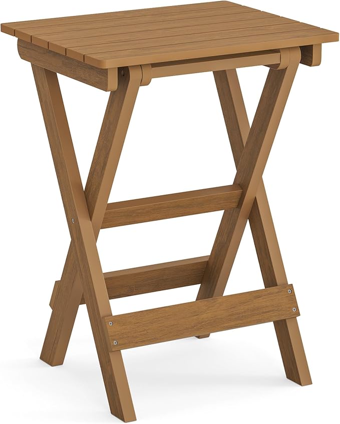 LUE BONA 27 inch Folding Side Table, HDPS Outside End Table for Patio, Porch, Deck, Pool, Weather Resistant, Teak Color Oil Printed LUEBONA