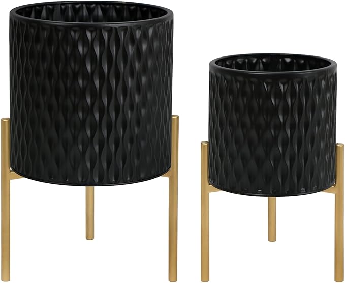 ARNIS Plants Pots with Stand, Set of 2 Planters, Unique Mid Century Decorative Metal Flower Pots with Drainage, 8.25 & 10.5 Inch, Black ARNIS
