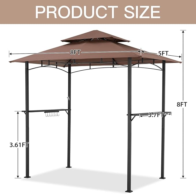 AECOJOY 8' x 5' Outdoor Grill Gazebo Canopy, BBQ Canopy for Outdoor Grill, 2- Tier BBQ Grill Gazebo Shelter for Patio, Backyard and More (Brown) AECOJOY