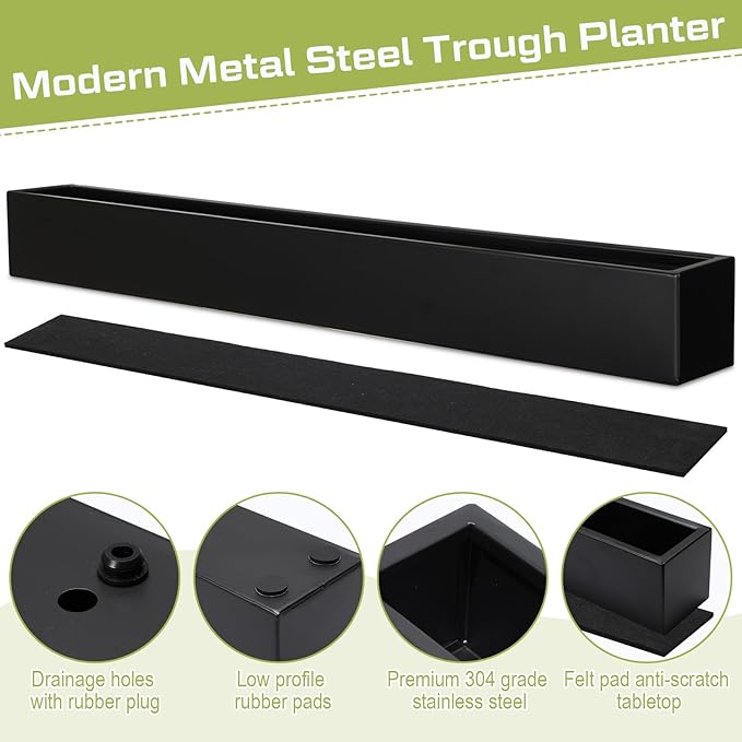 32 x 3.5 x 3.5 Inch Long Rectangular Planter Box Window Sill Plant Box Metal Water Trough Indoor Large Modern Steel with Drainage Holes Herb Garden Home(Black) FillTouch