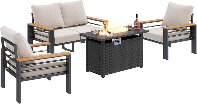 Aoxun Aluminum Outdoor Patio Furniture Set, 5-Piece Outdoor Sectional with 44'' Propane Gas Firepit Table, Patio Conversation Sets with Upgraded Armrests and Cushions for Backyard (Grey,4 Seats) Aoxun