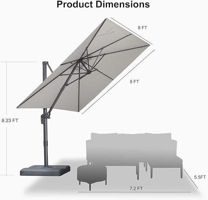 PURPLE LEAF 8 FT Outdoor Umbrella with Base Patio Cantilever Aluminum Umbrella with 3 Years Fade Resistance Recycled Fabric Offset Square with 360-degree Rotation for Deck Garden, Pebble Grey Rootora